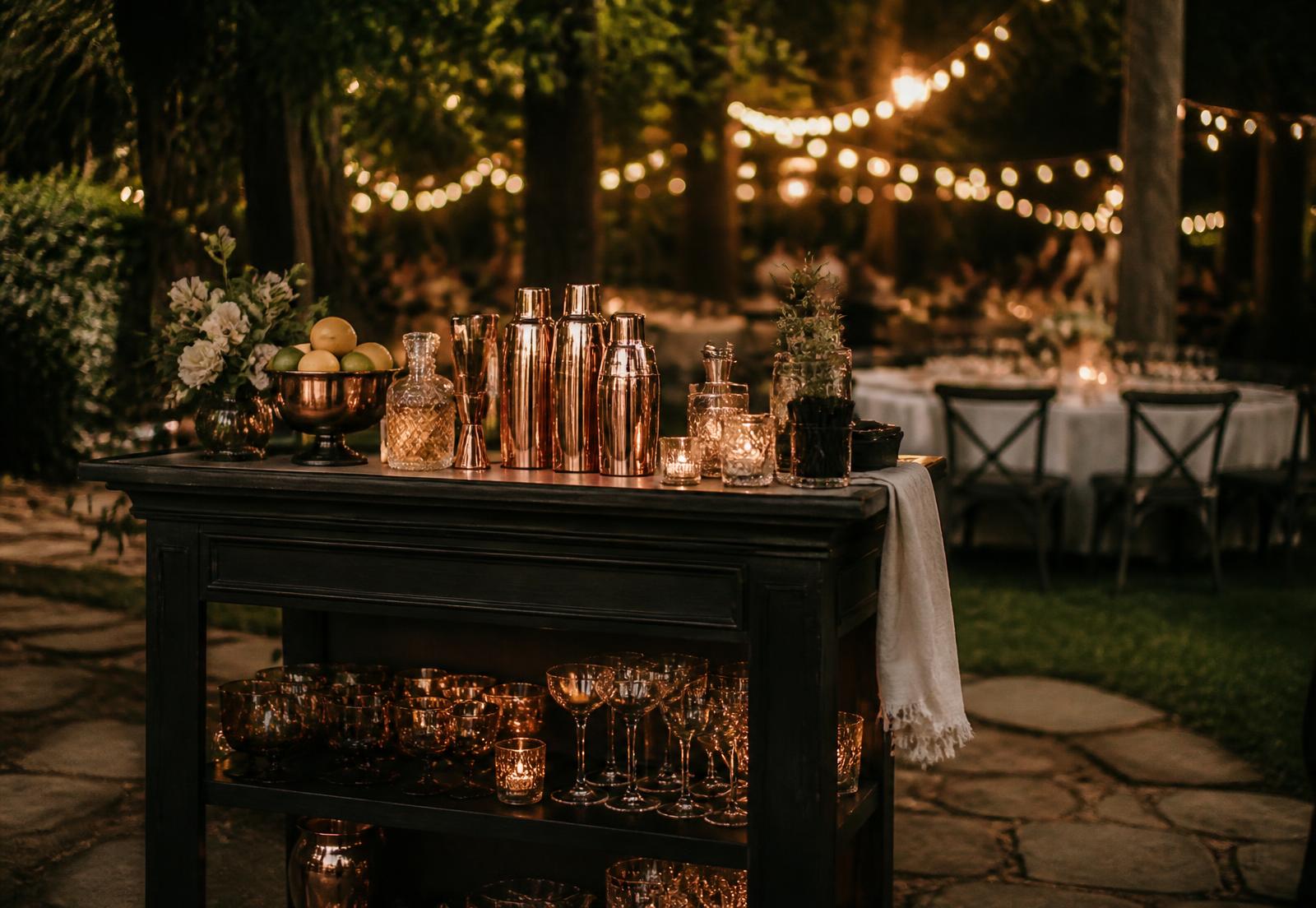Copper bar tools and amber glassware on a dark mobile bar cart at an evening reception